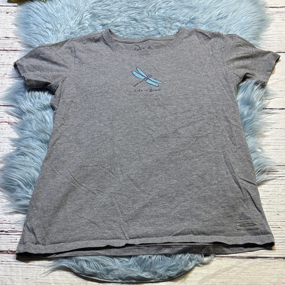 Life is Good Vintage Style Grey Dragonfly Tee with Blue Accent Sz M
